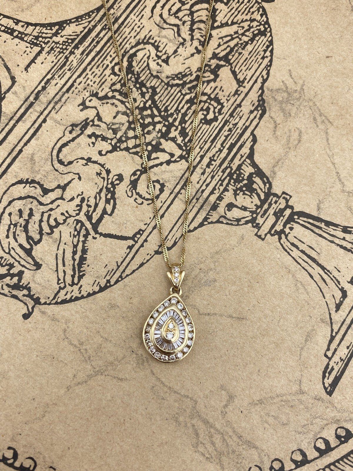 14k Gold Baguette + Round Channel Set .50ctw Diamond Drop Necklace 18L 3