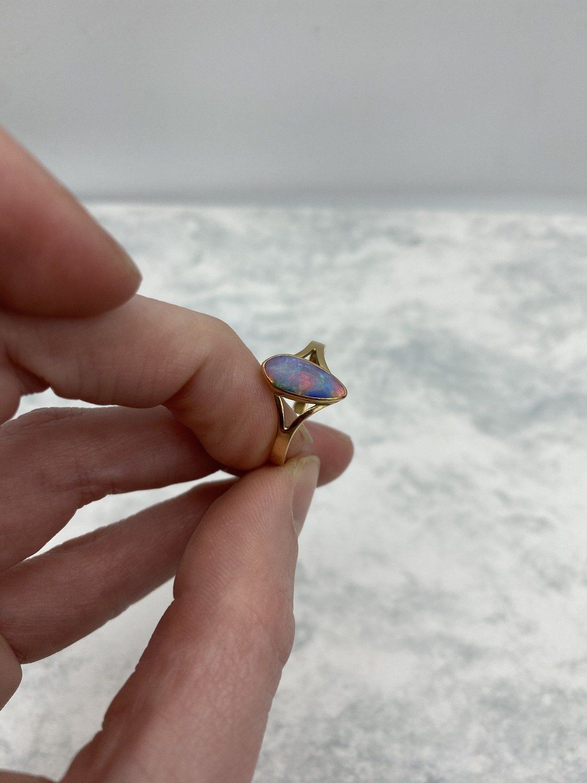 Lovely Narrow Pear 14k Gold Black Opal Ring w Lovely Fire + Split Shoulder Design 13