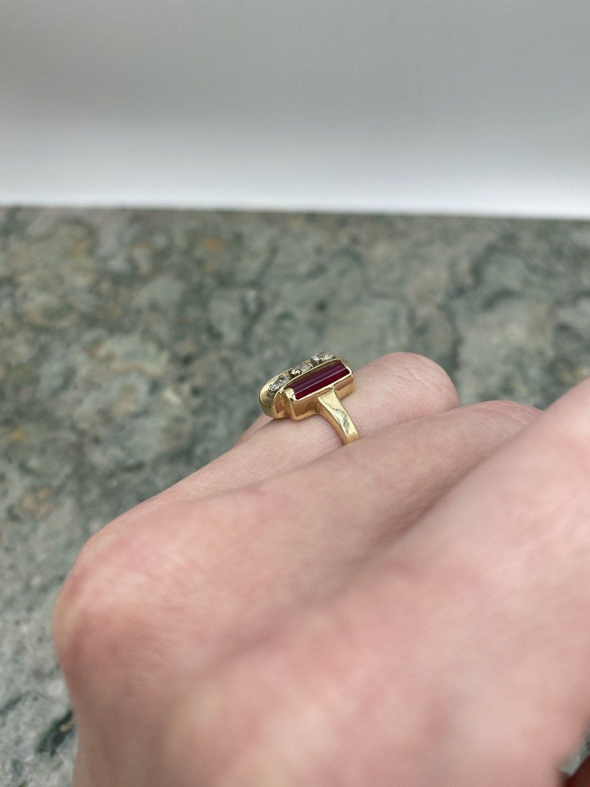 Antique 10k Gold Red Glass Column + Paste CZ Ring 5