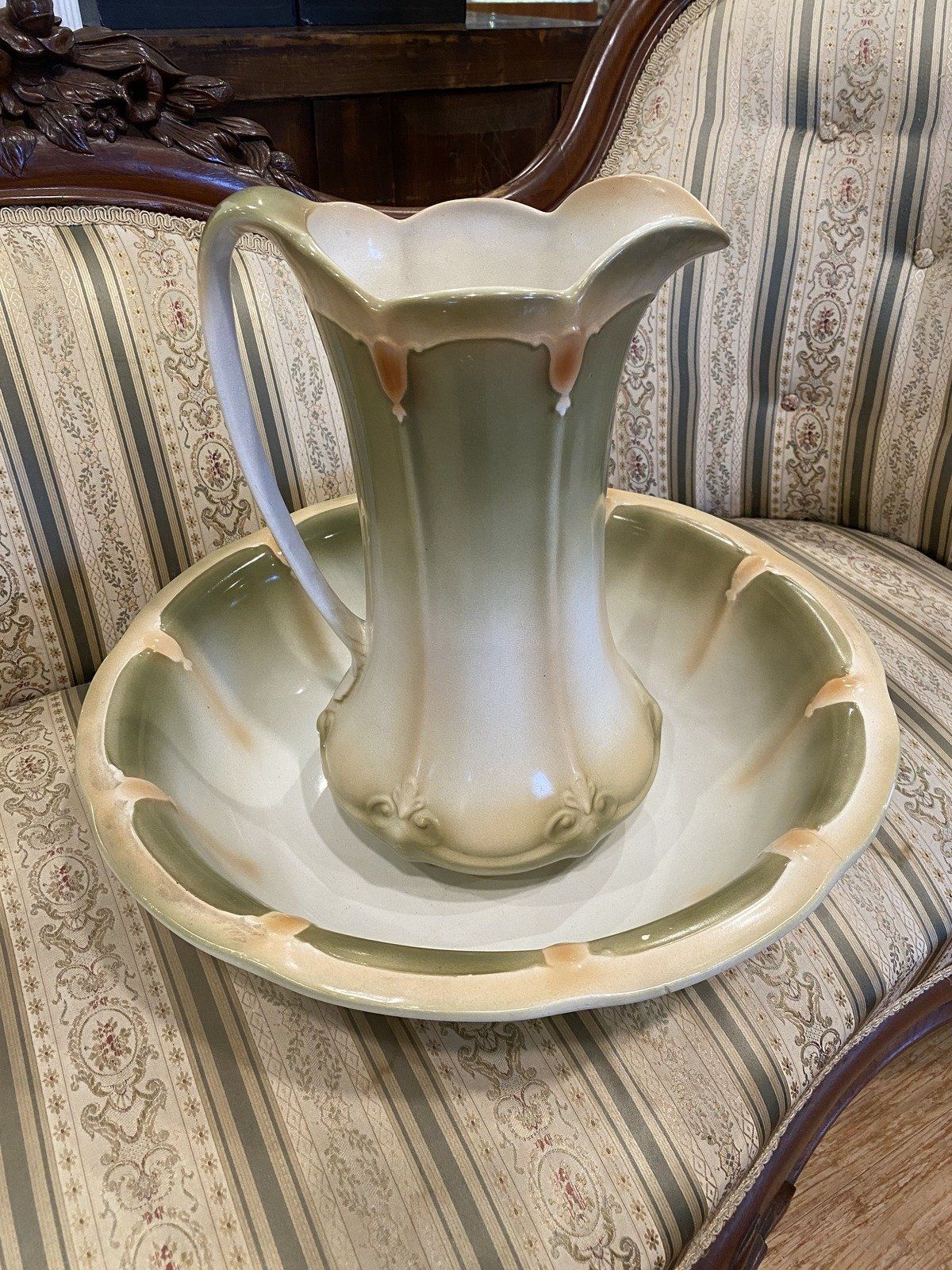 Antique 19th Century Victorian Art Nouveau Ceramic Wash Pitcher + Basin