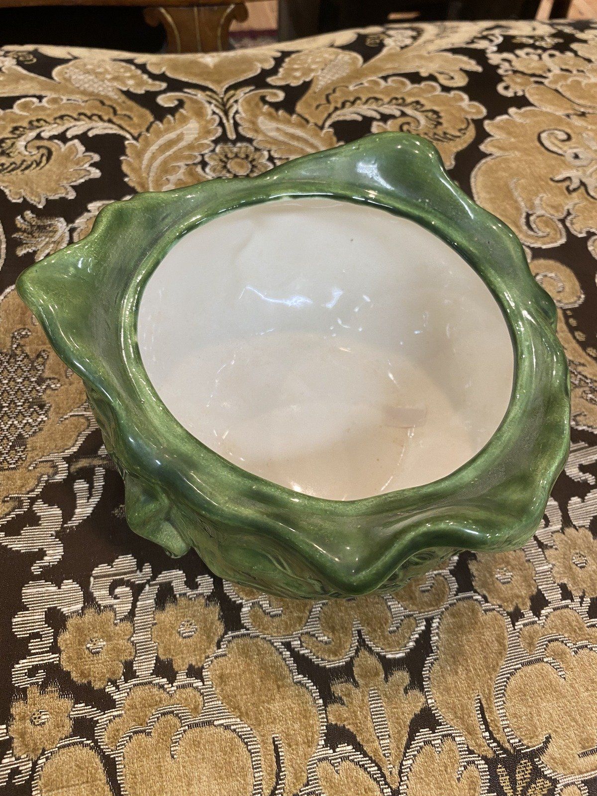 Vintage Holland Mold Lidded Cabbage Leaf Majolica Ceramic Serving Bowl + Lid 10