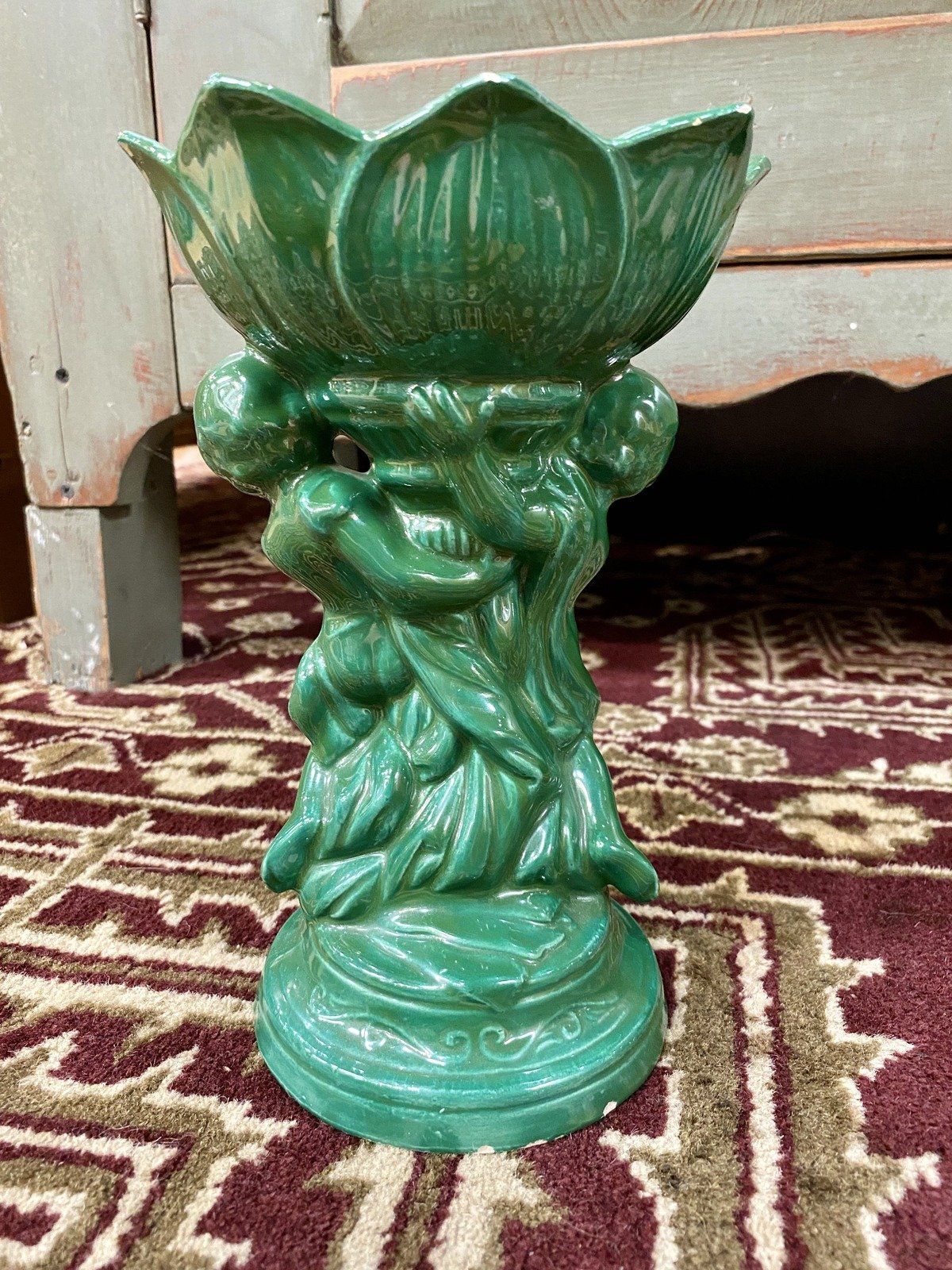 Vintage Signed VERNA GALLOWAY Twin Cherub Lotus Green Ceramic Pedestal Dish 5