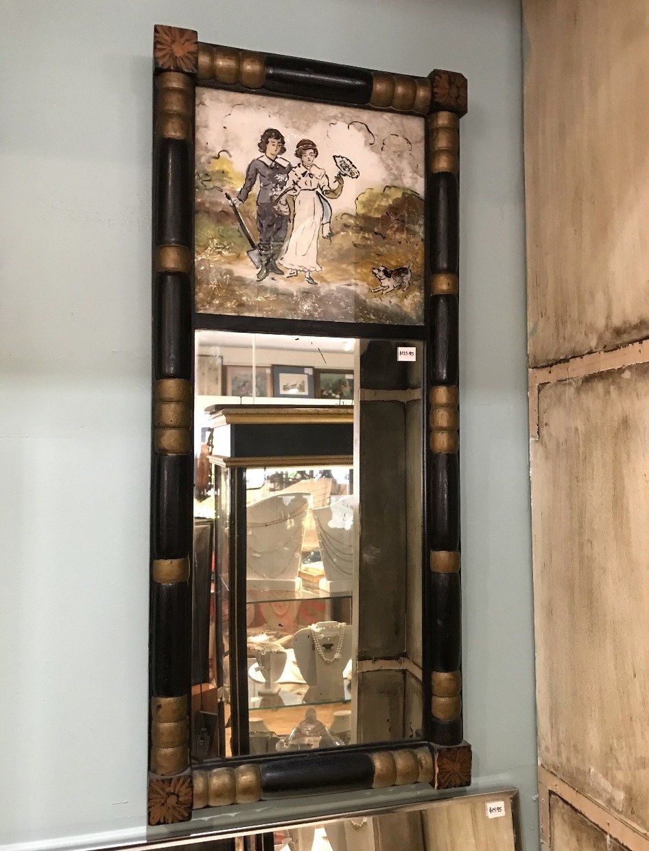 19th c. Mirror w Painted Scene of Courting Couple + Dog