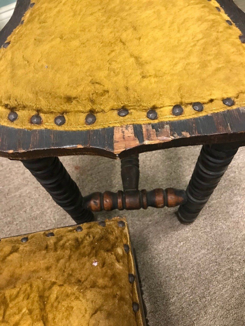 GORGEOUS Antique Victorian Gothic Style Hall Chair w Matching Foot Stool 3