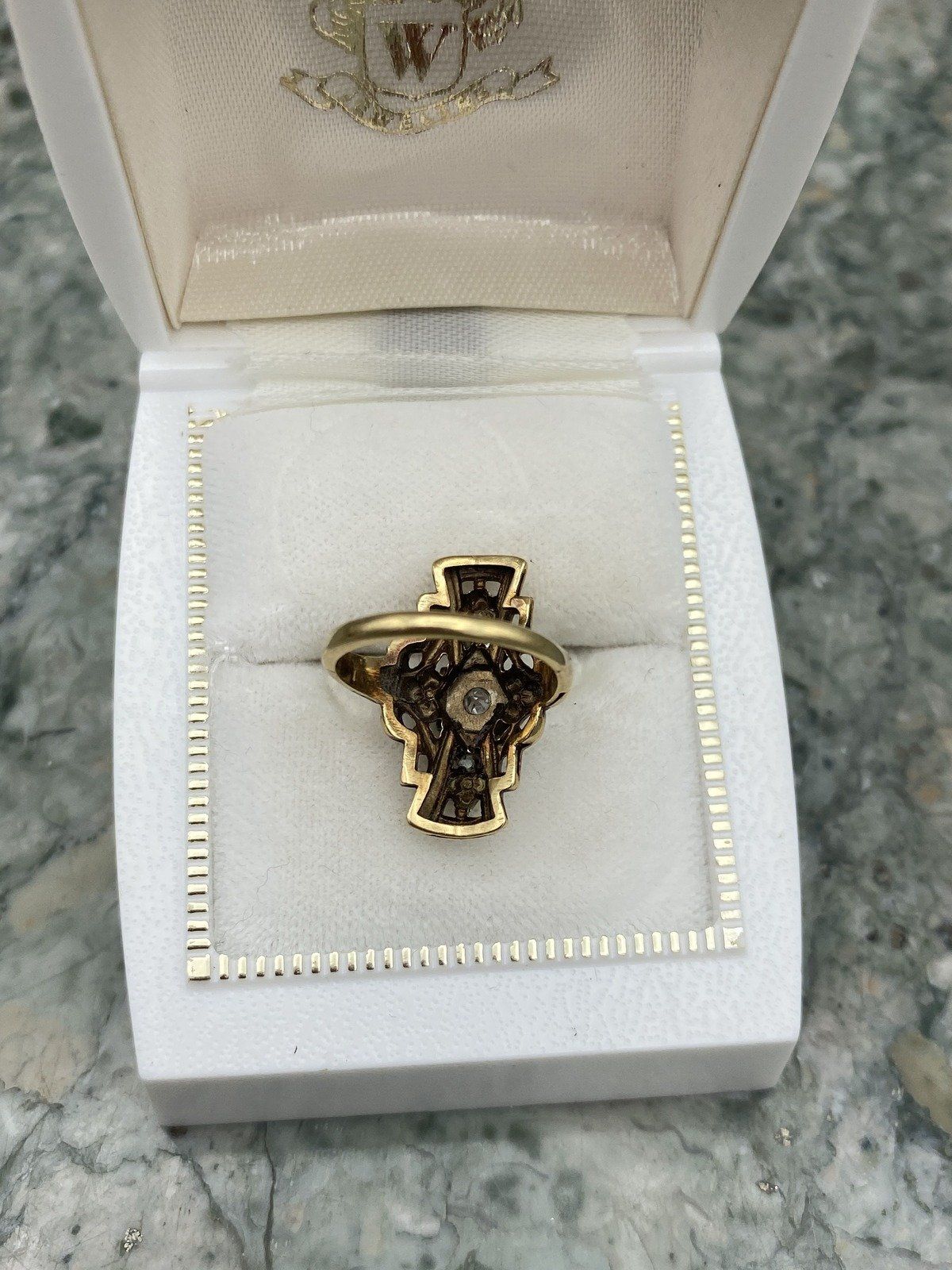 Antique 14k Gold Skeletal Diamond Navette Ring w White Gold Setting #2768 6