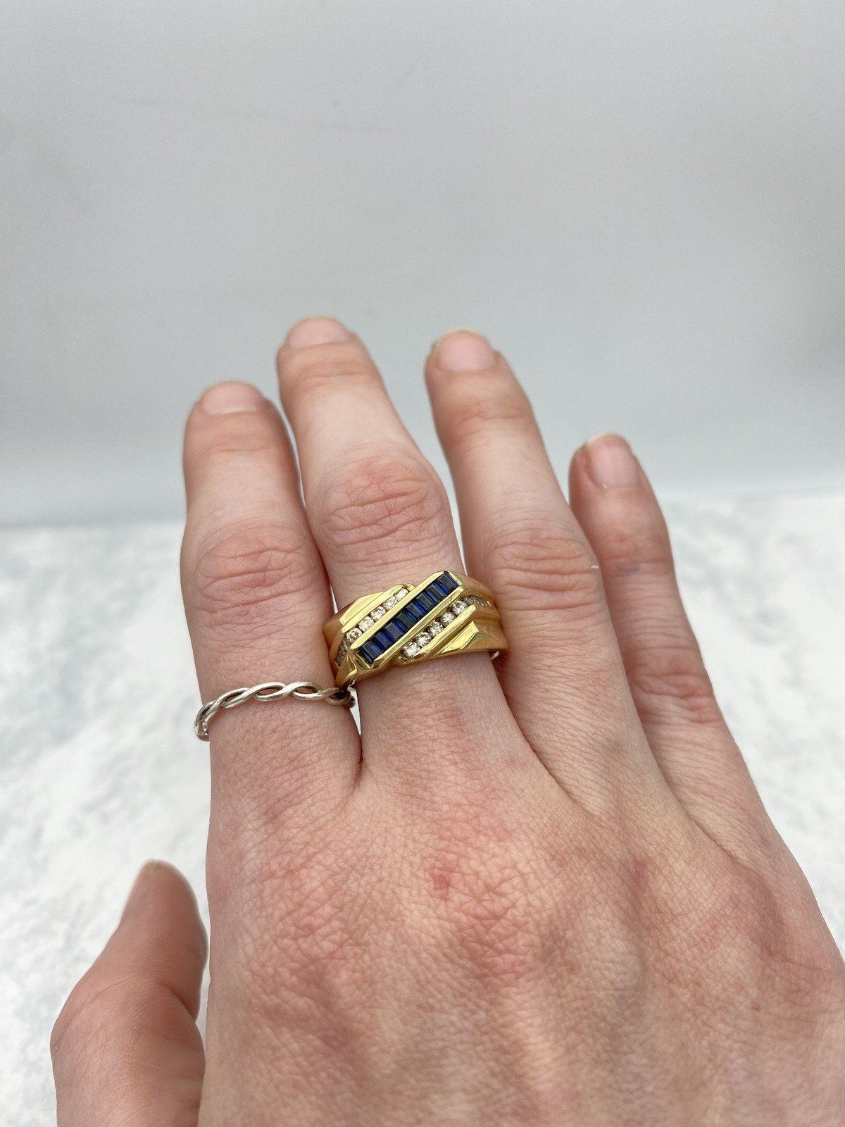 Mod Vintage 14k Gold Cubic Channel Set Baguette Sapphire + Diamond Ring 7