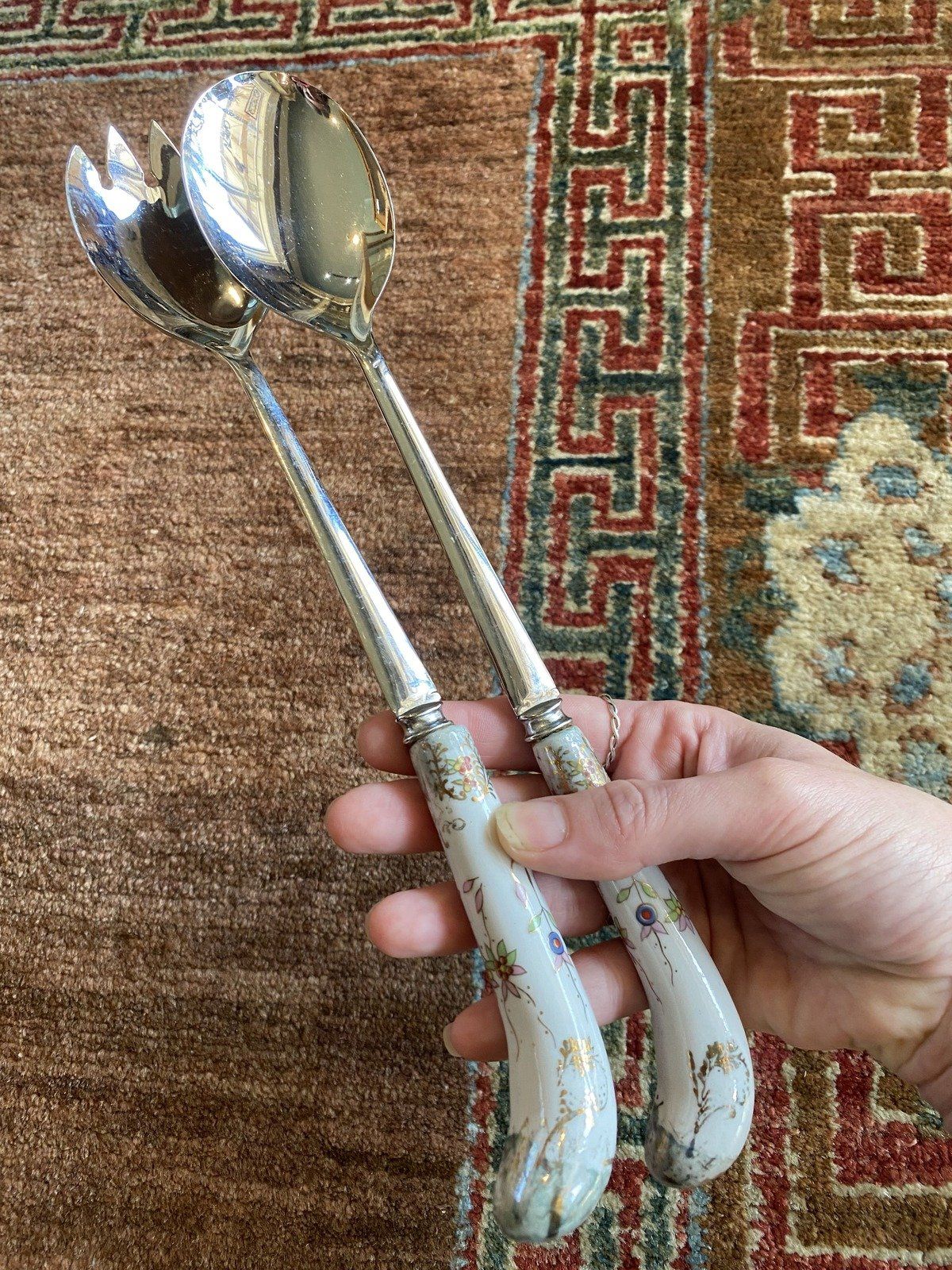 English Botanical + Gilt Porcelain Handle Serving Utensil Set 3