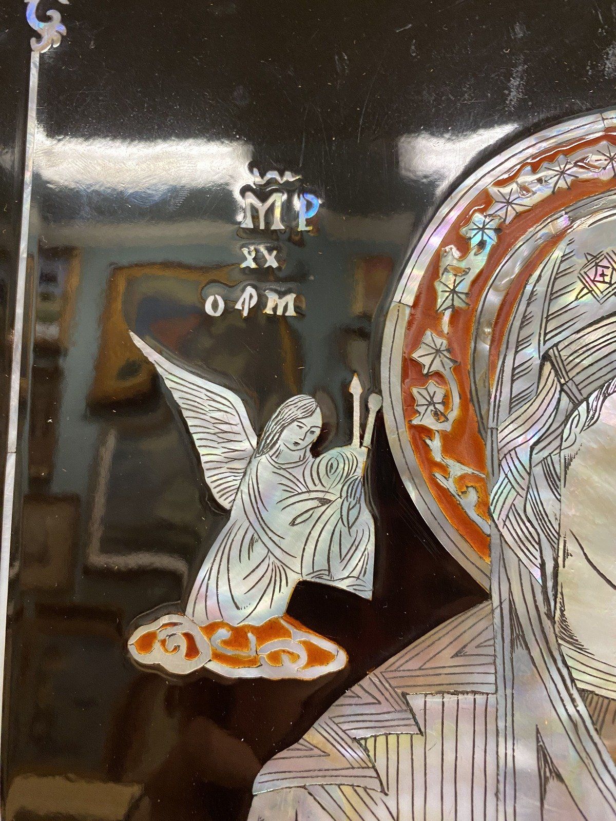 Religious Mother of Pearl Virgin Mary Lacquered Wood Wall Panel Art 9