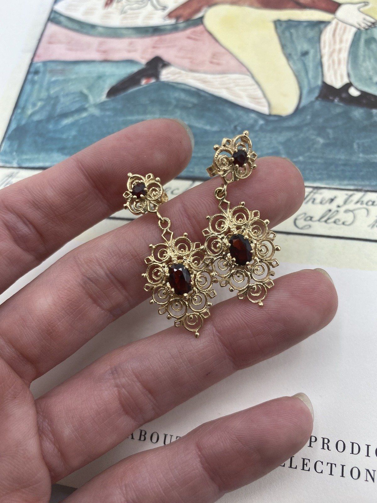 Lovely Antique 14k Gold Cannetille Garnet Drop Earrings 2