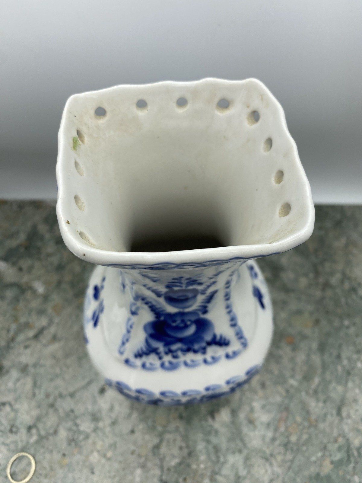 Dutch Delft Blue + White Rose Floral Footed Vase 7