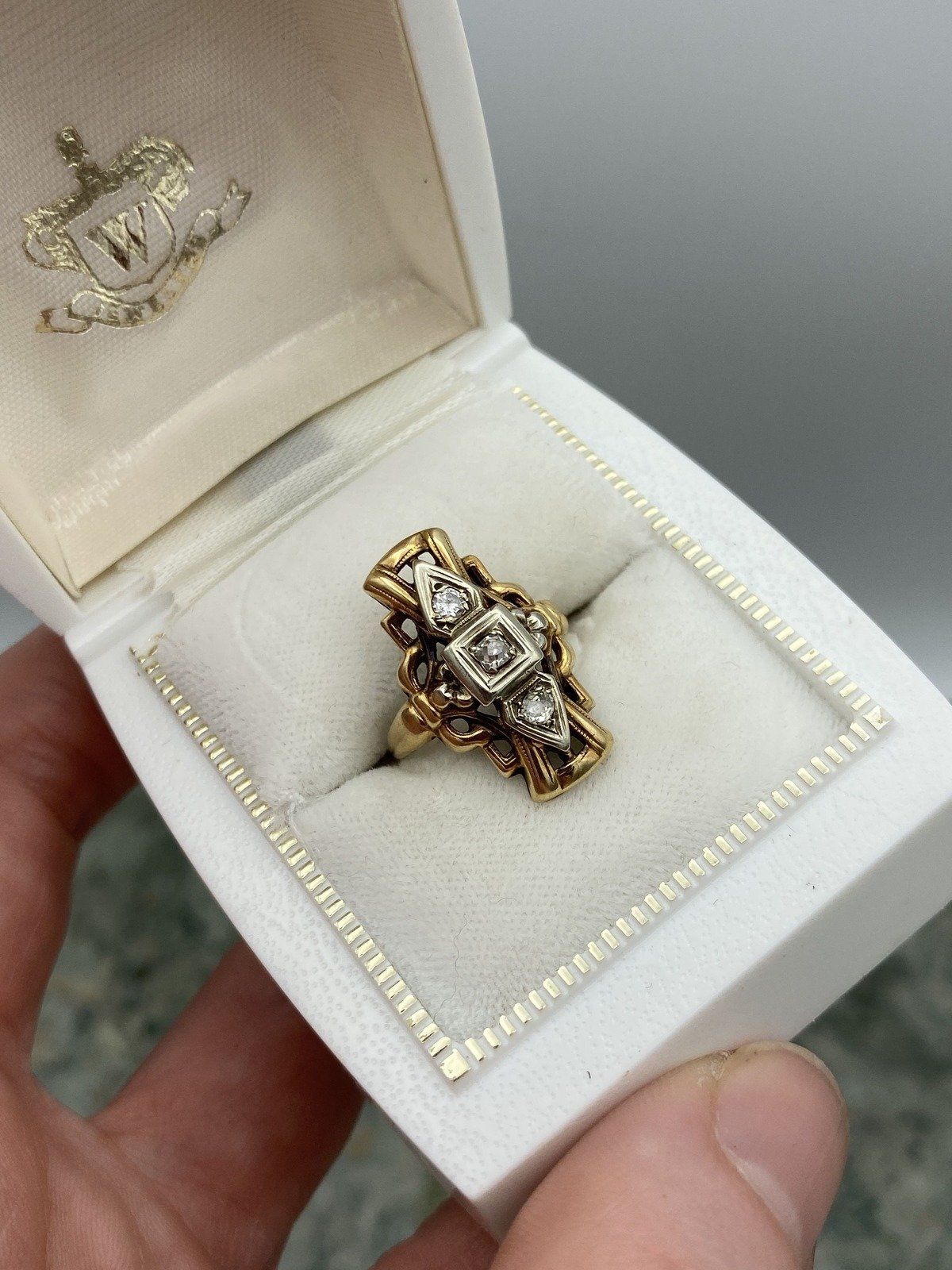 Antique 14k Gold Skeletal Diamond Navette Ring w White Gold Setting #2768 2