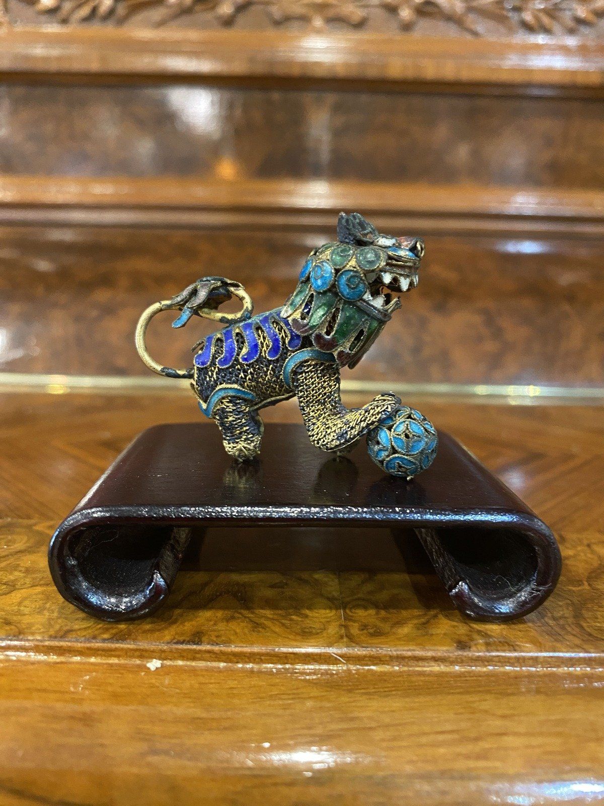 Antique Imported Gilt Enamel Chinese Foo Dog w Wooden Feng Shui Stand + Moving Head 5