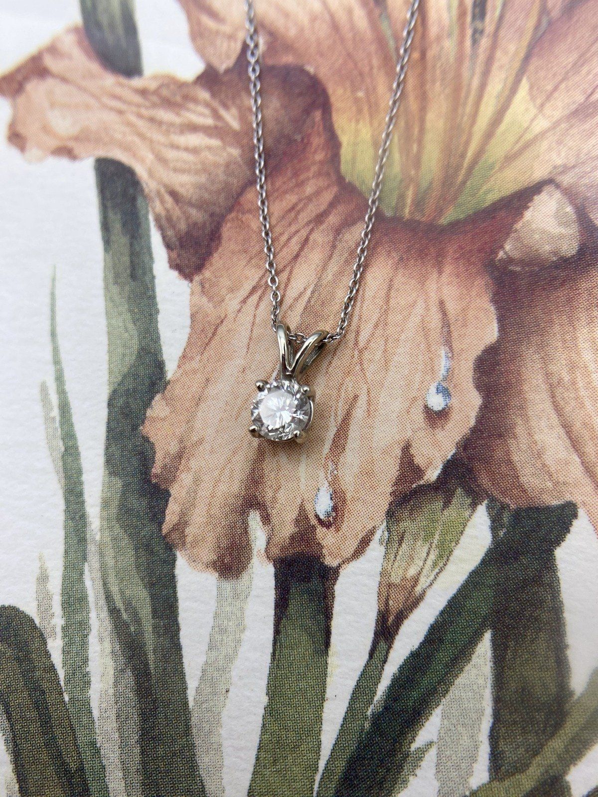Firey Vintage 14k White Gold Natural .65ct Round Cut Solitaire Diamond Drop Necklace w Sturdy Cable Chain 16L 16