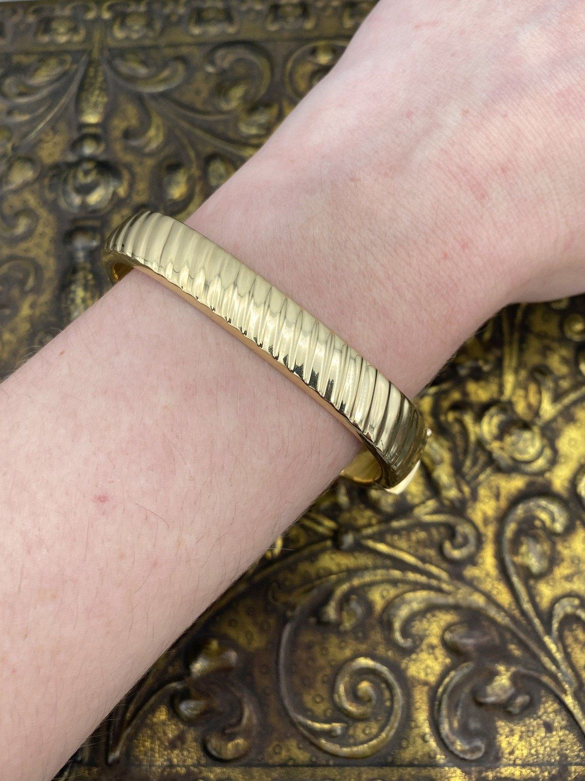 14k Gold Fluted Square Edged Weighty Vintage Bangle Bracelet 7 #3063 8