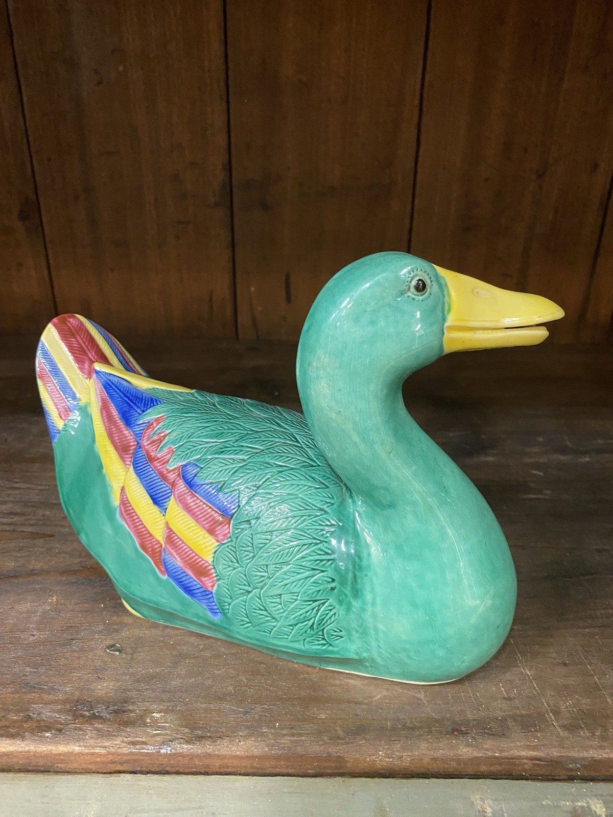 Vintage Chinese Export Sancai Hand Painted Porcelain Duck w Realist Details 2