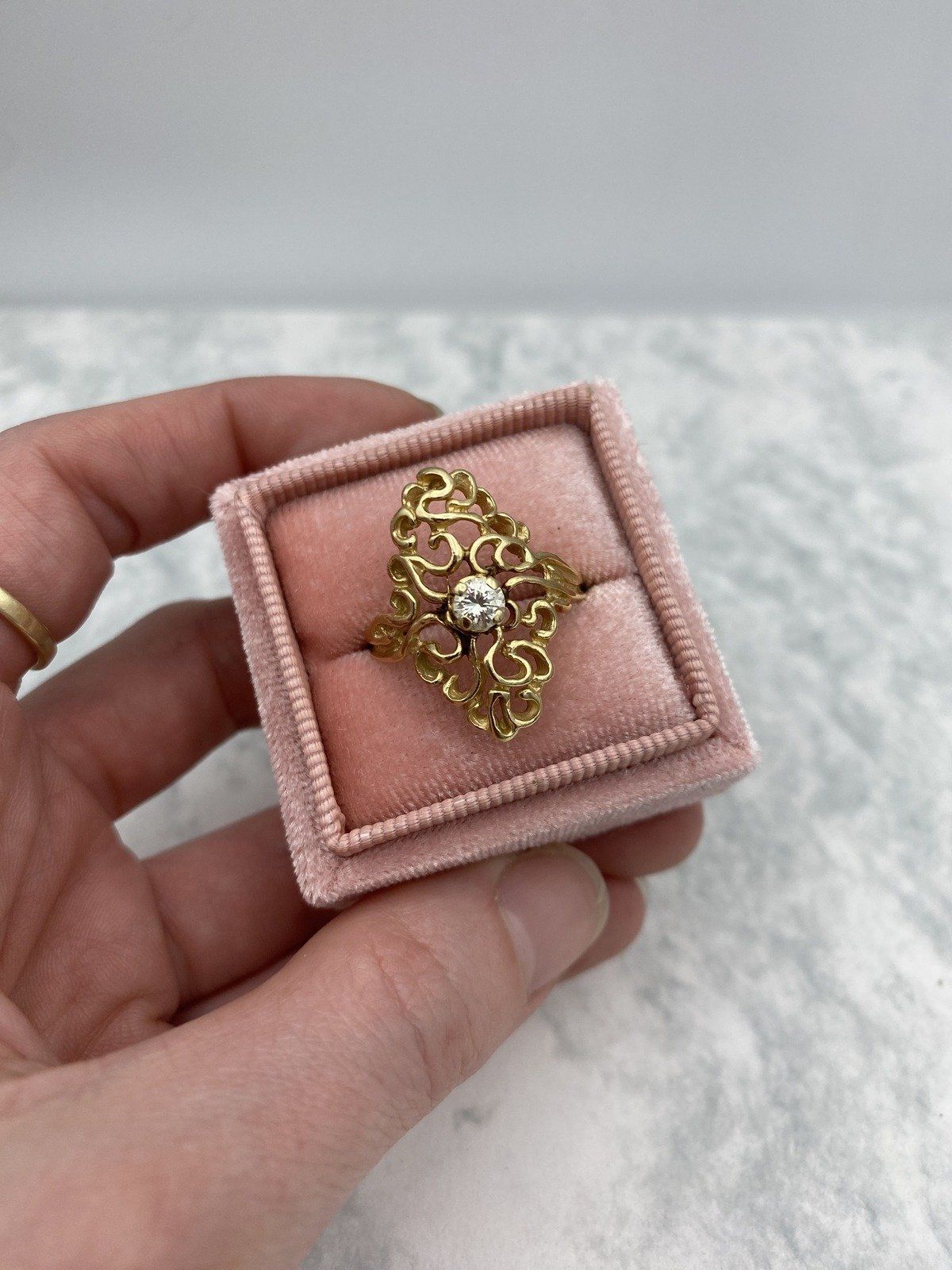 Vintage 14k Swirly Gold Lace .40ct Diamond Navette Statement Ring 3