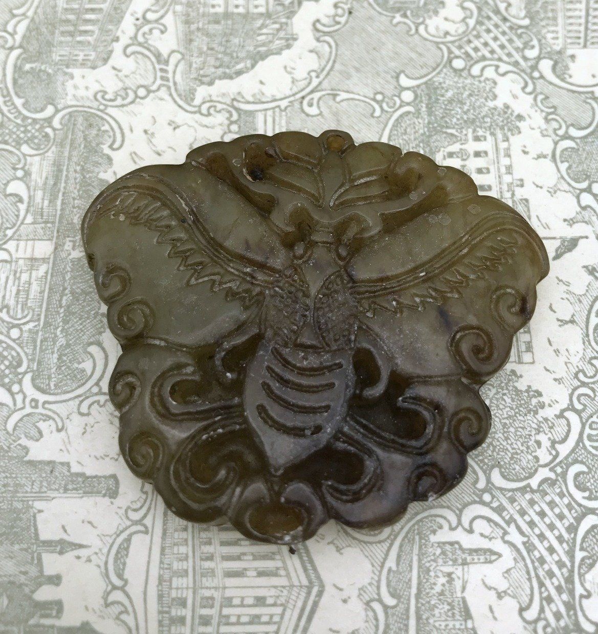 Genuine Chinese Earthy Green Jade Carved Moth Pendant 2