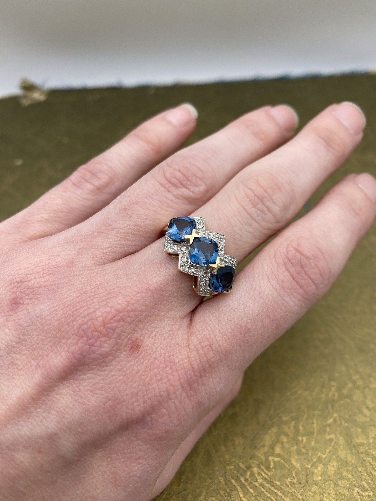 14k Gold Blue Tourmaline + Diamond Cushion Trio Ring 5