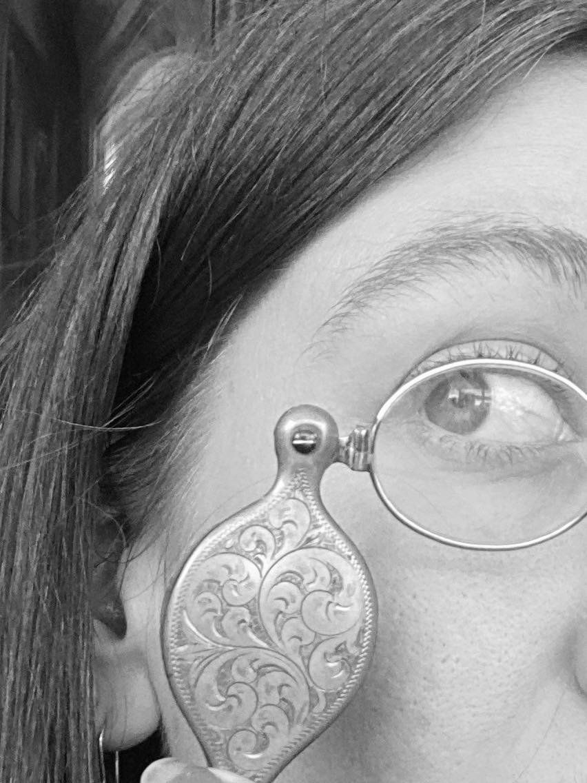 Antique Edwardian Etched Brass Lorgnette Opera Eye/Reading Retractable Glasses w Grosgrain Cord 10