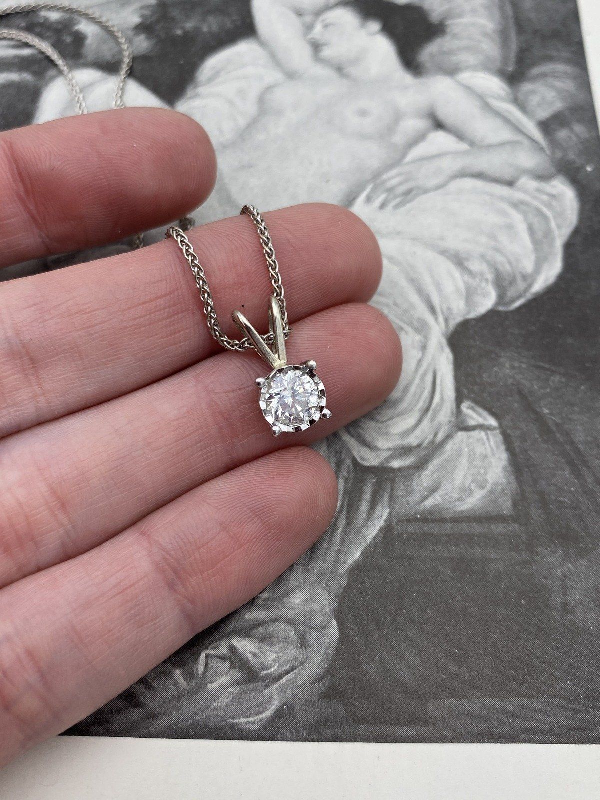 Lovely 14k White Gold .85ct Bezel Set Natural Diamond Solitaire Necklace w 18k Gold 20L 2