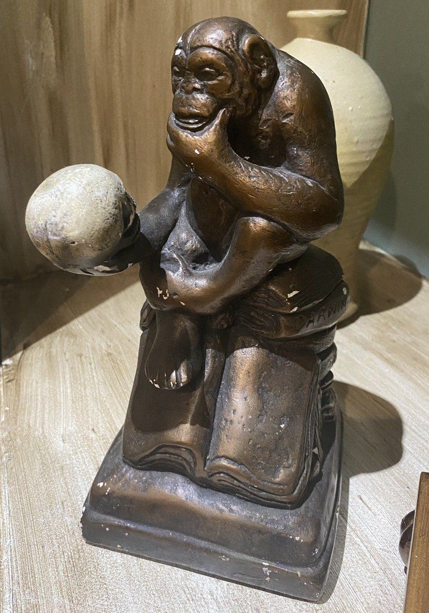Darwin Ape Figure Holding Skull Thinker Bronze Finish Austin Prod 1962 2
