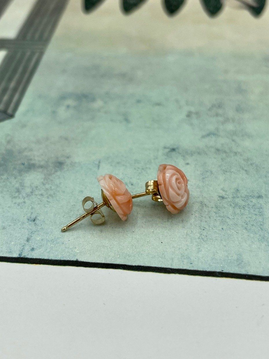 Antique Carved Rose Angel Skin Coral Stud Earrings w 14k Gold Post Backs 2