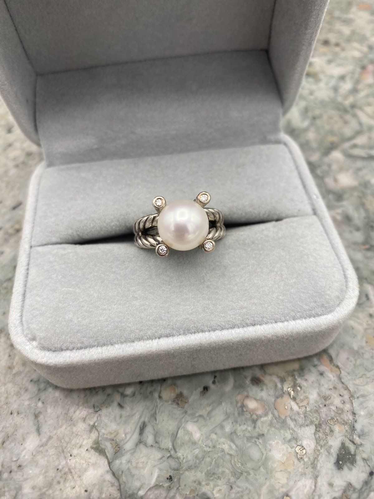 David Yurman Sterling Silver Rope Twist + Pearl + Diamond Prong Solitaire Ring 2