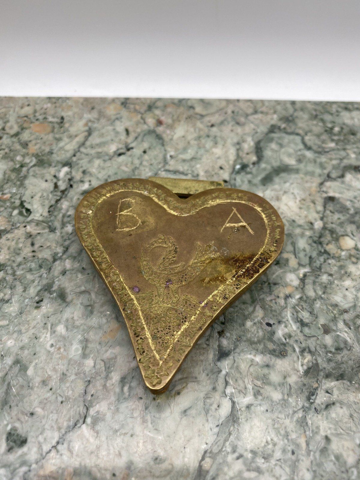 Hand Etched Heart Shaped Old Brass Trinket Box #2671