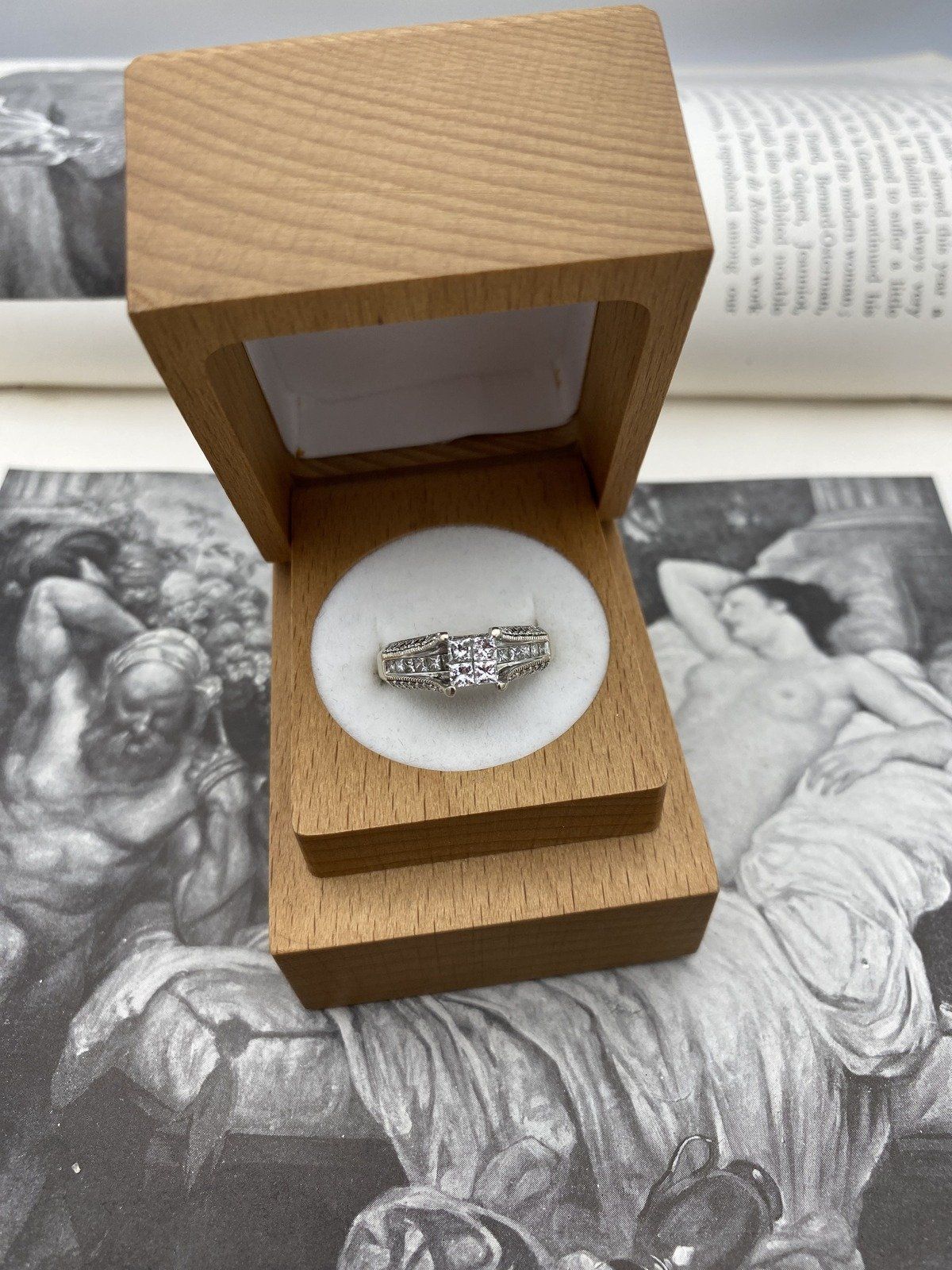 Ladies 14k White Gold Princess Cluster Diamond Engagement Ring w Lovely Pave Shoulders and Under Band Diamond Detail 4