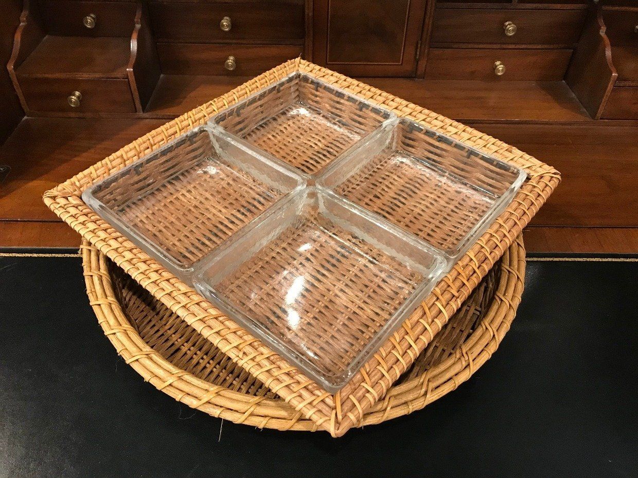 2 Matching Wicker + Glass Snack/Appetizer Divided Servers