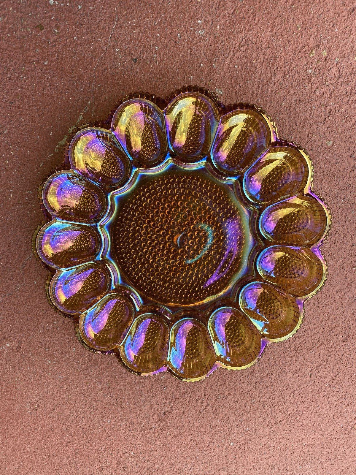 Marigold Vintage Carnival Glass Deviled Egg Scalloped + Hobnail Platter 5