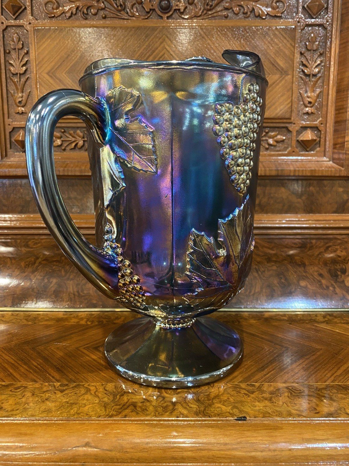 Electric Indiana Iridescent Blue Grape Vine Carnival Glass Drink Pitcher 2