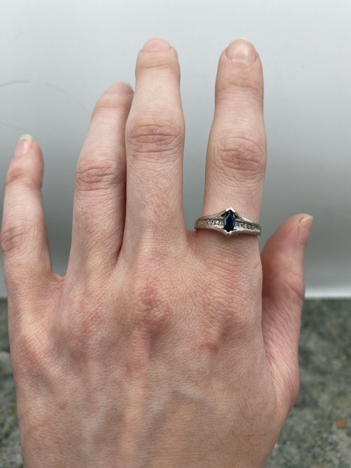 10k White Gold Marquise Blue Sapphire Peaked Ring w Diamond Shoulders 4