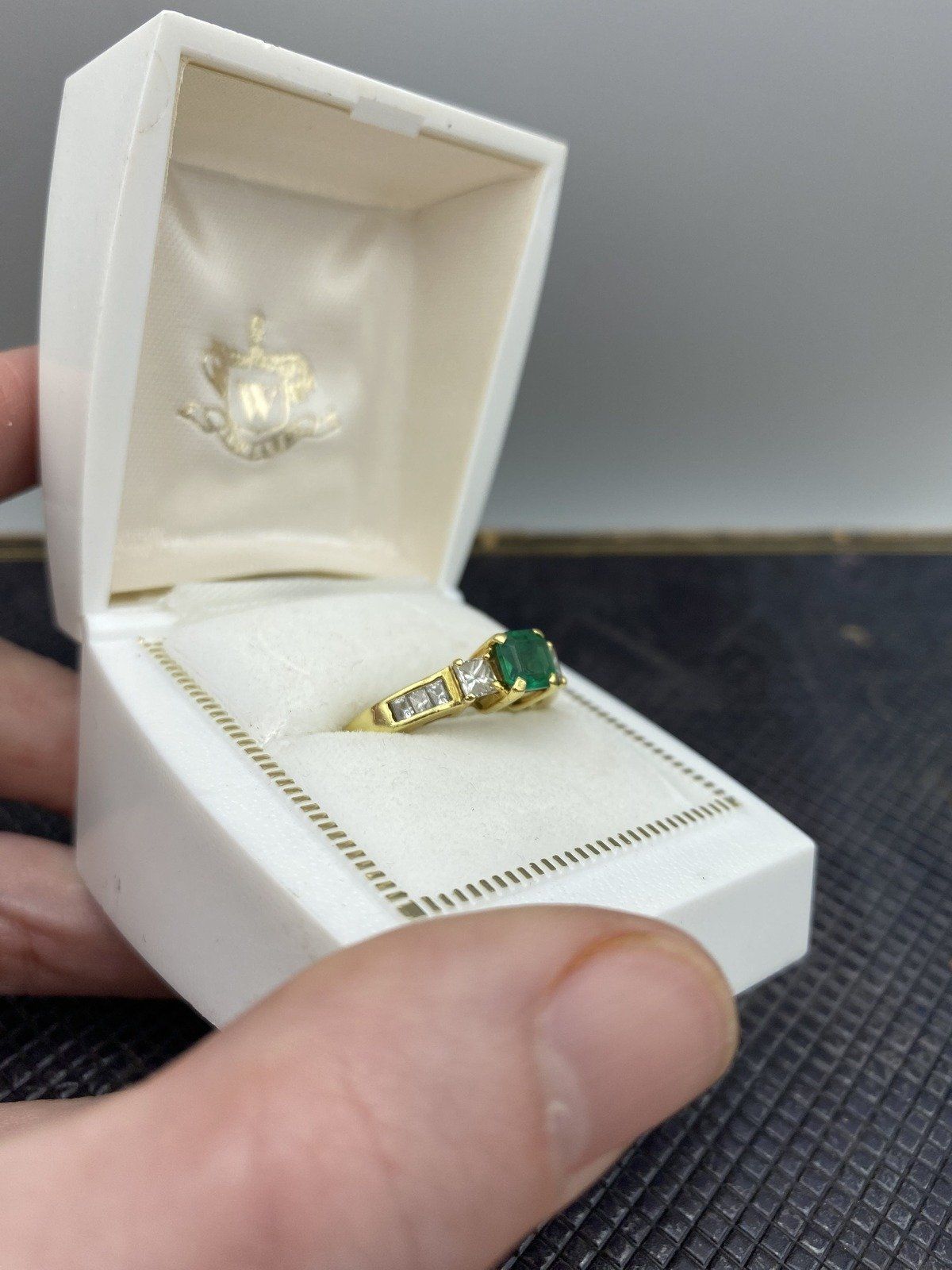 Lovely 18k Gold Vintage Asscher Cut Emerald + Princess Cut Diamond Shoulder Dress Ring 4