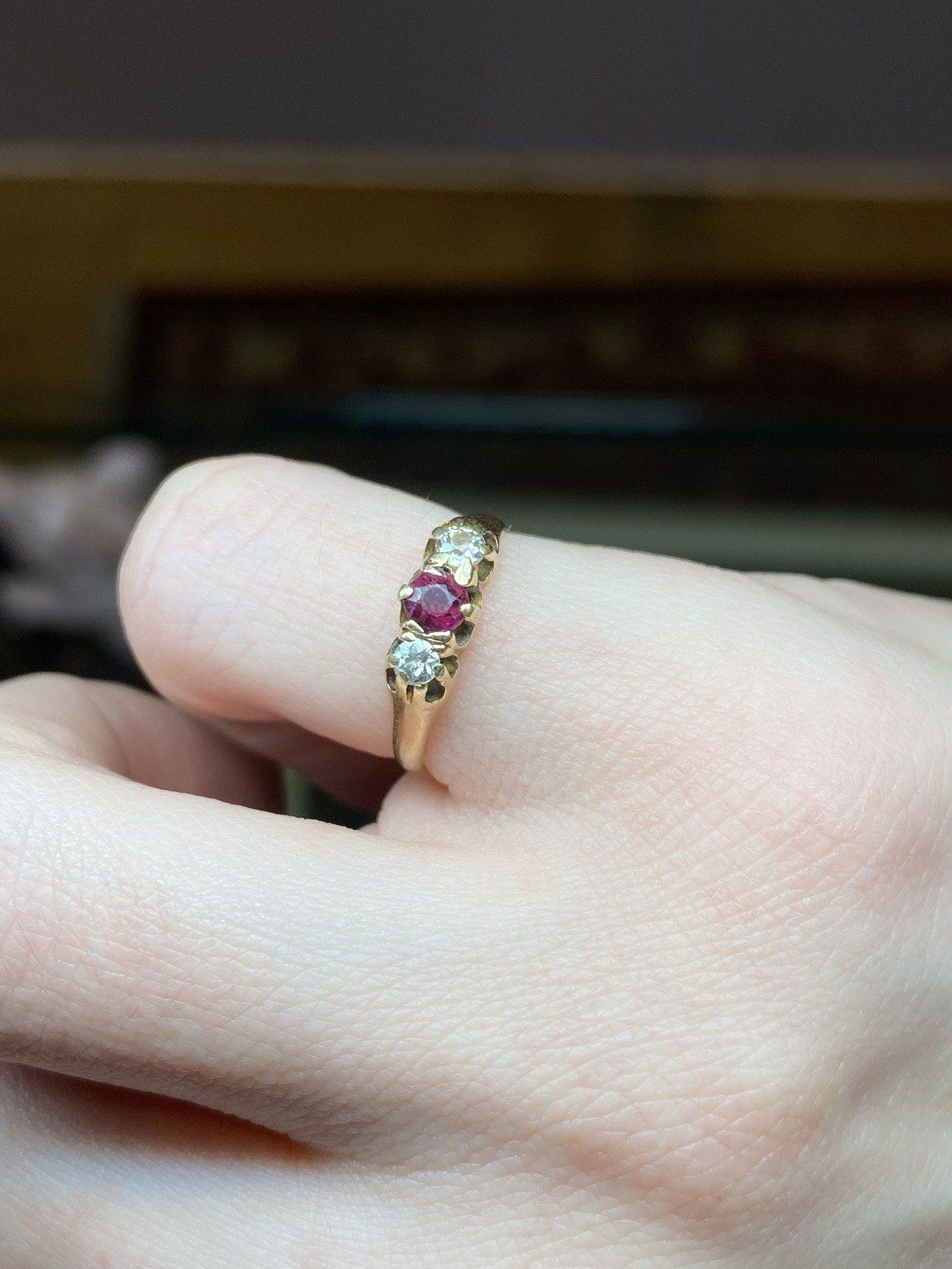 Very Old + Very Small Antique 18k Gold Ruby + Diamond Pinky Promise Ring 3