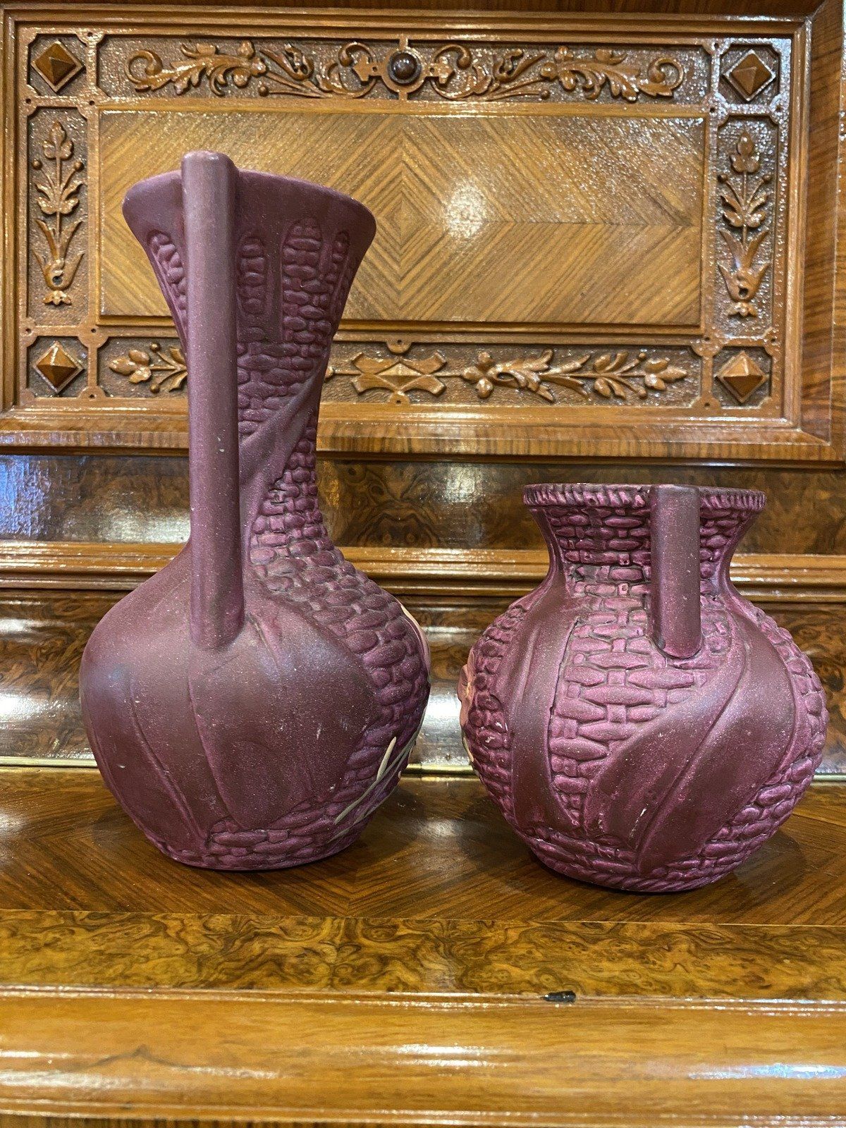 Pair of Unidentified Basket Weave + Floral Ceramic Ewer Vases 4