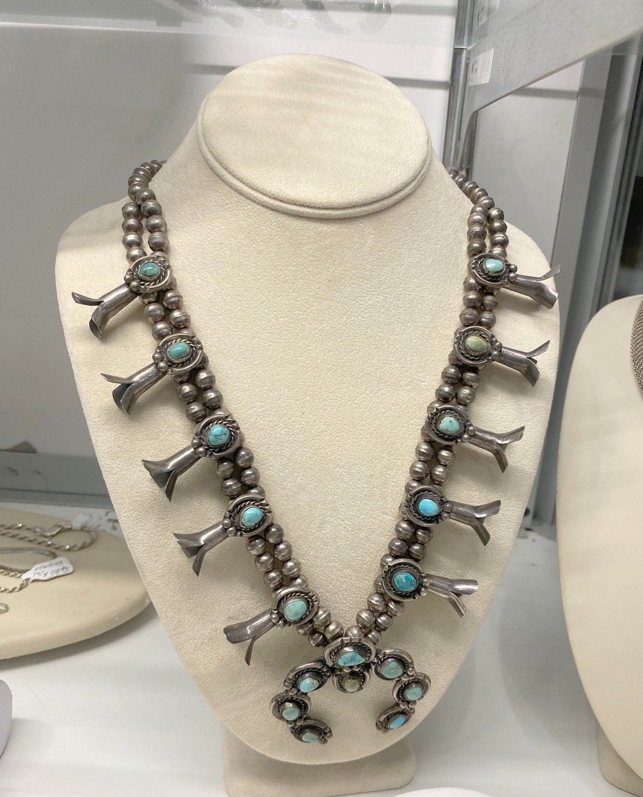 Vintage Old Pawn Native American Squash Blossom Navajo Necklace Sterling and Turquoise