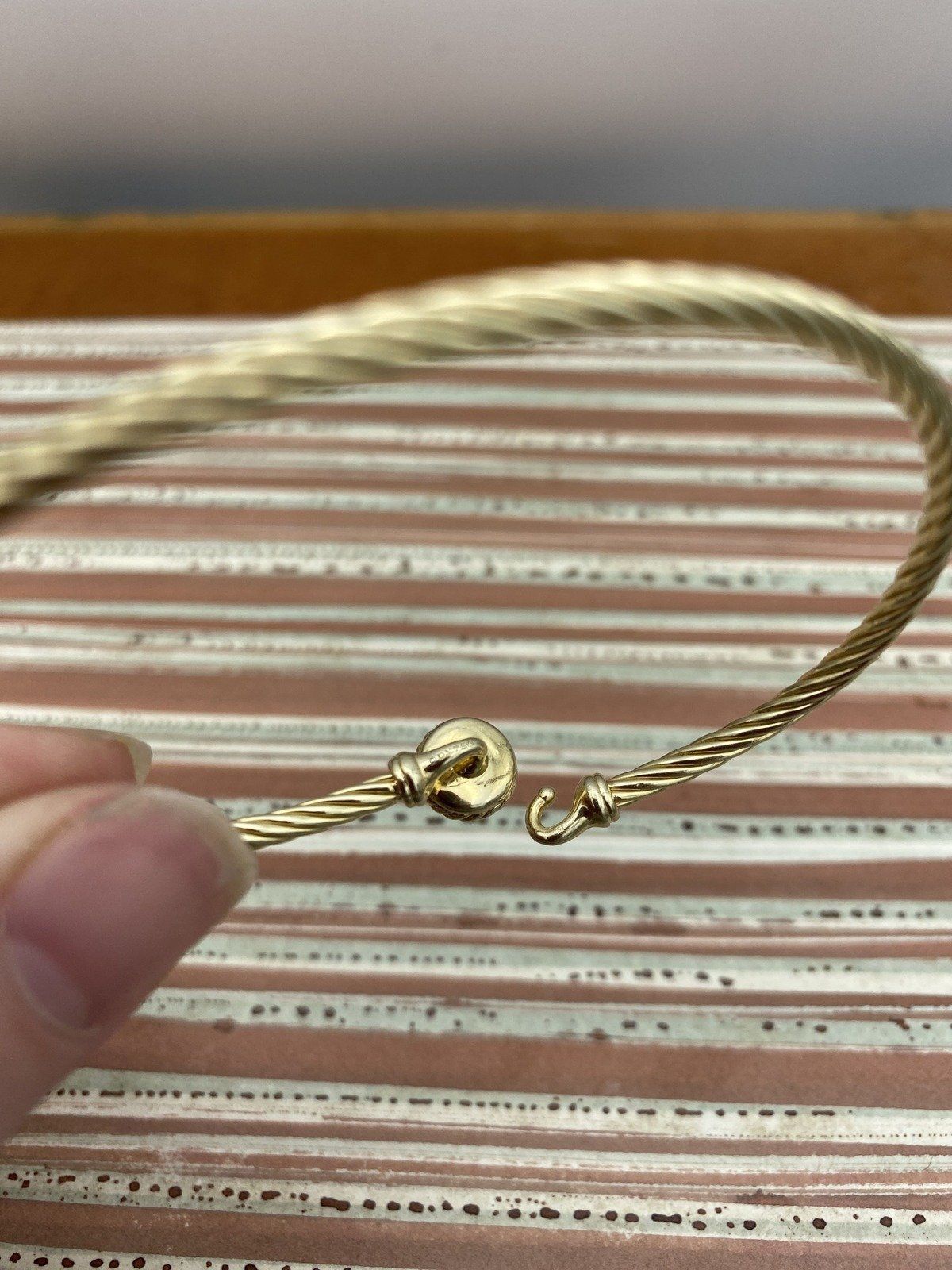 David Yurman 18k Solid Gold 3mm Cable Twist Bangle Bracelet w Pave Diamond Circlet Finial 6.5 3