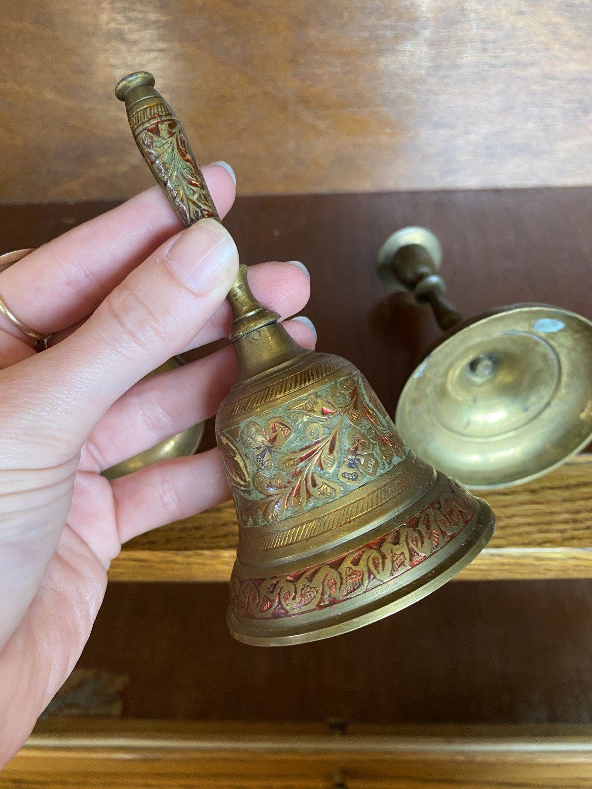 3pc Vintage Eastern Indian Enamel + Brass Altar Bell and Candle Set 7