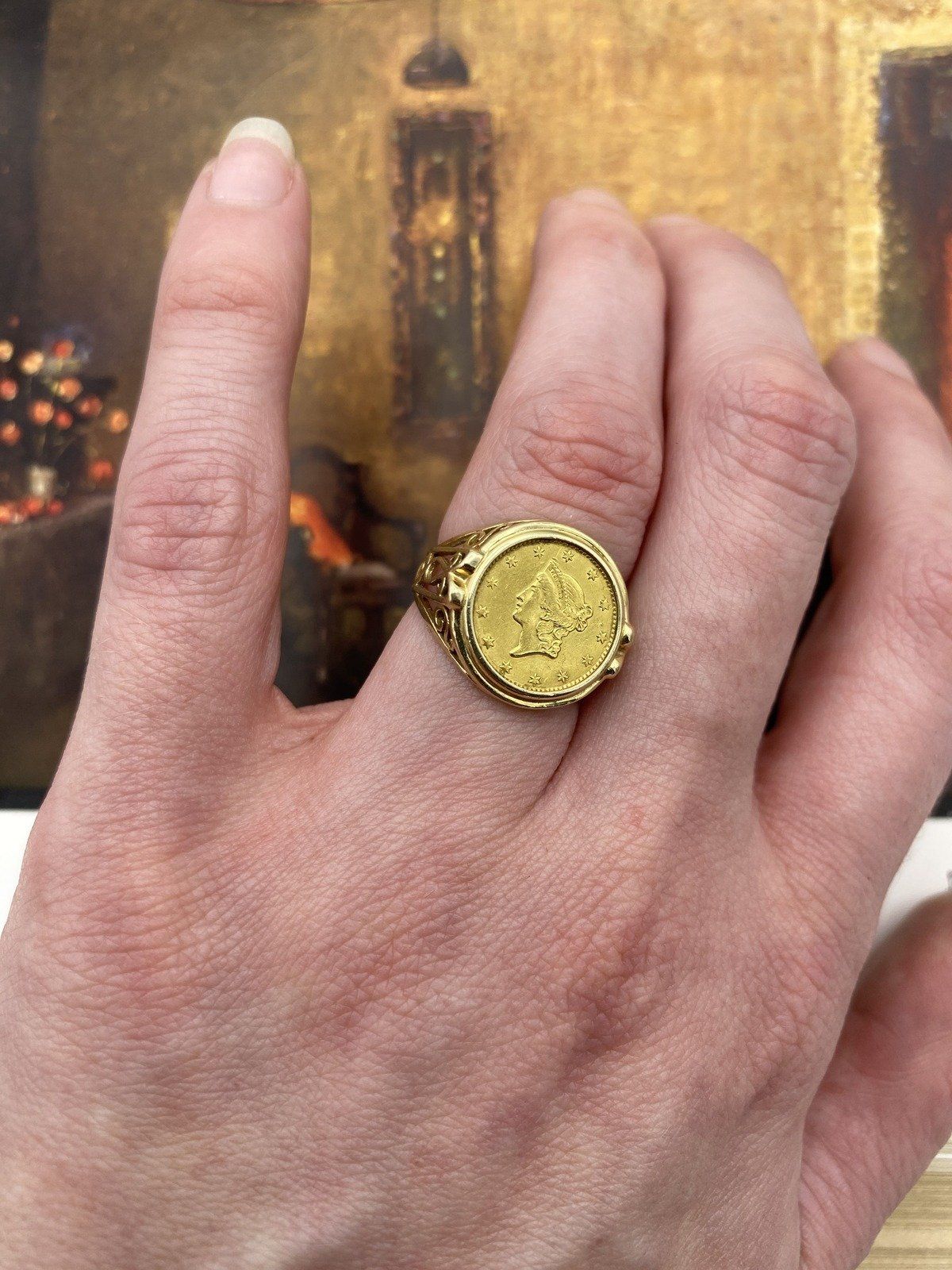14K Gold Ring with $1 Liberty Head Gold Coin Type 1 Filigree Setting. Sz 4.25 7