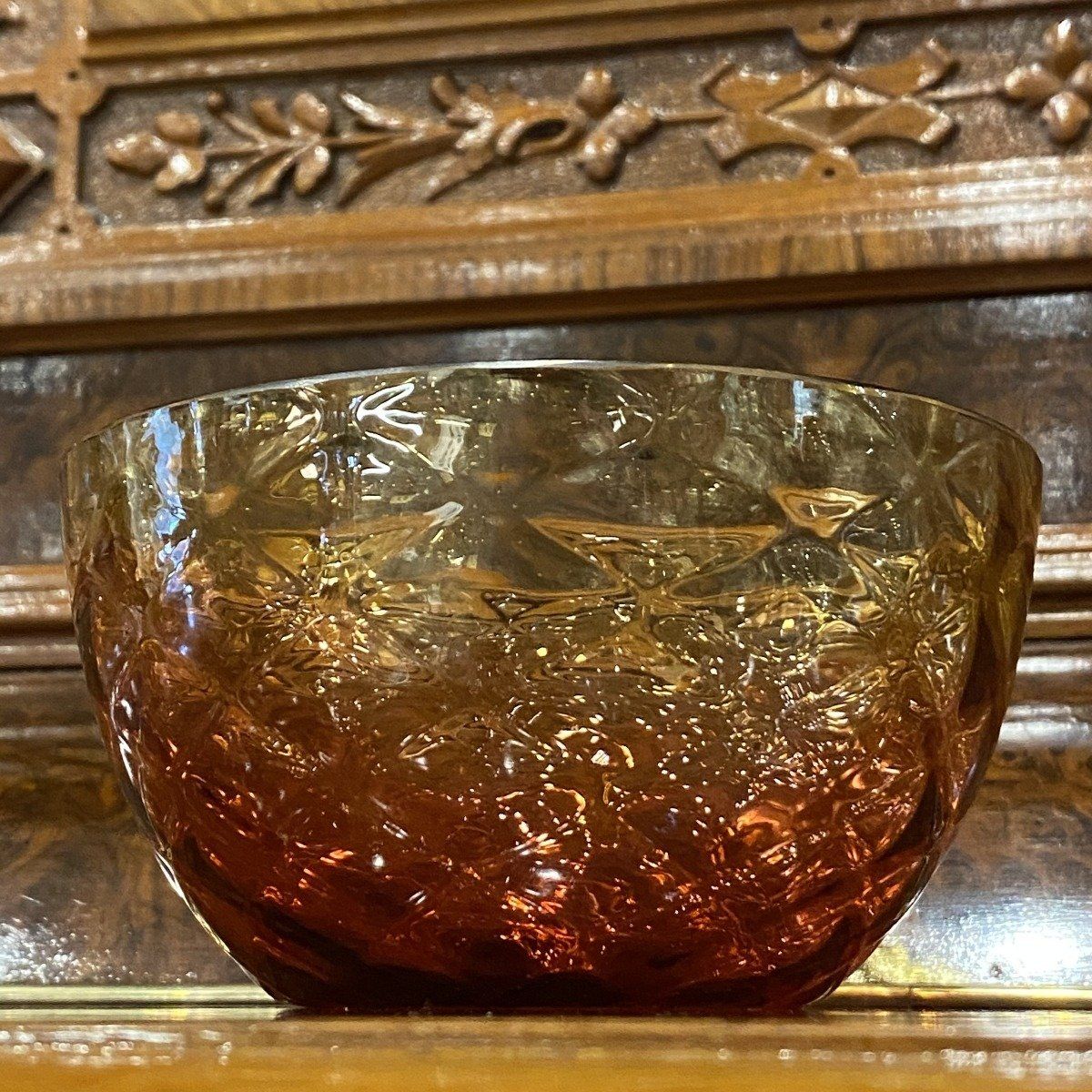 VTG 60's Art Glass Hand Blown Amberina Small Diamond Quilt Bowl 3