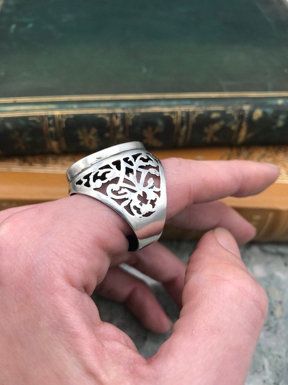 Antique Sterling Silver Large Hollow Carved Acanthus Ring 4