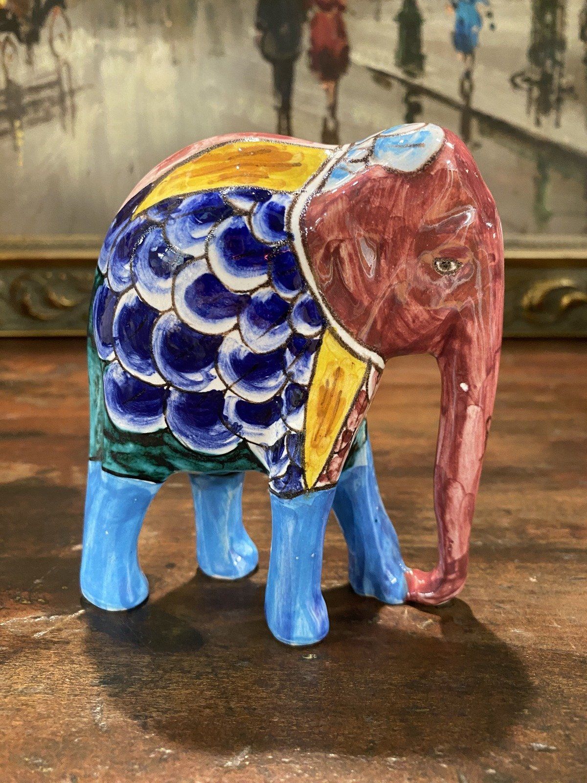 Vintage Talavera Mexico Hand Painted Pottery Elephant
