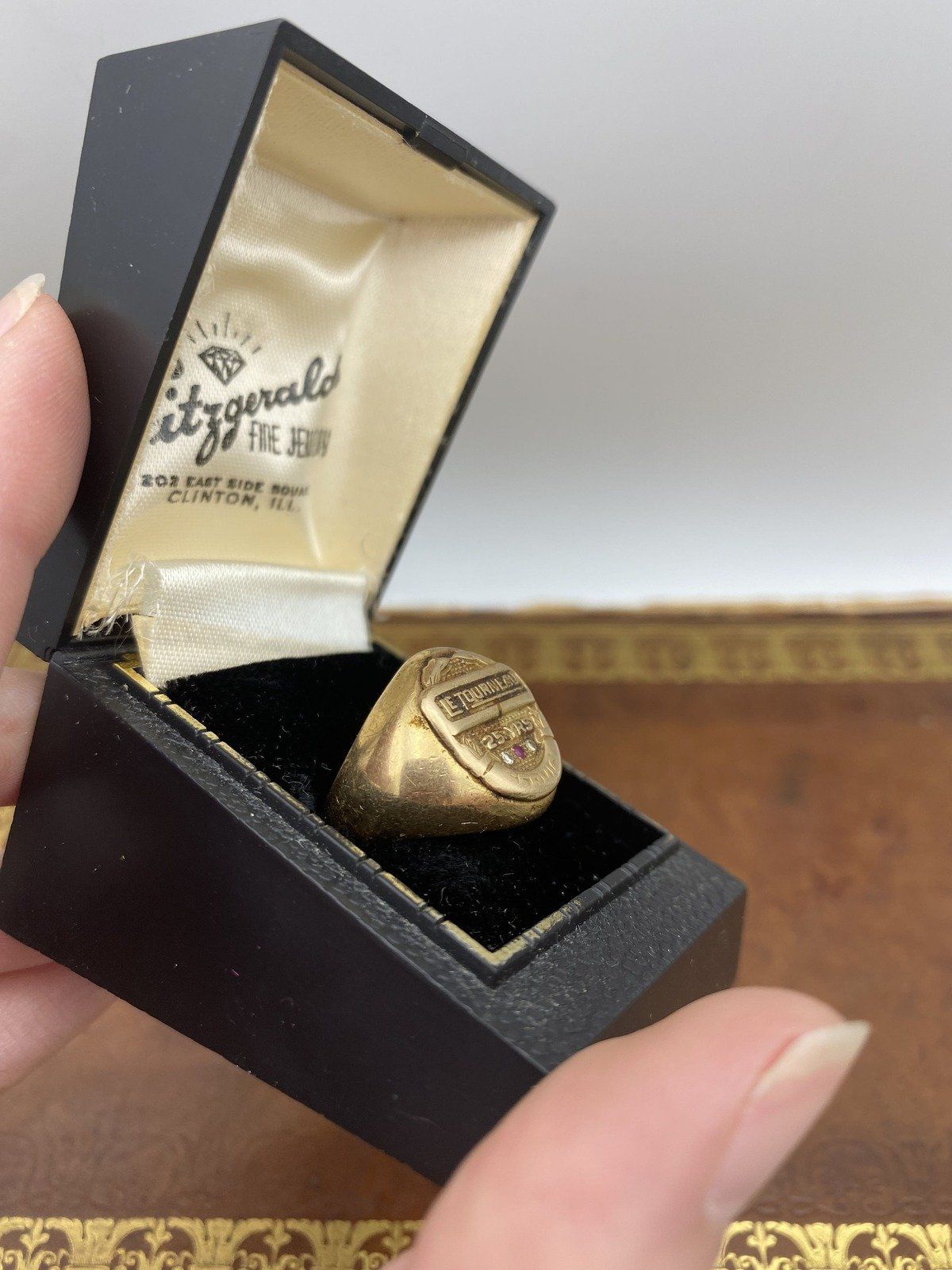 Antique 14k Gold Le Tourneau 25 Years of Service Weighty Signet Class Ring w Ruby + Diamond Accents 2