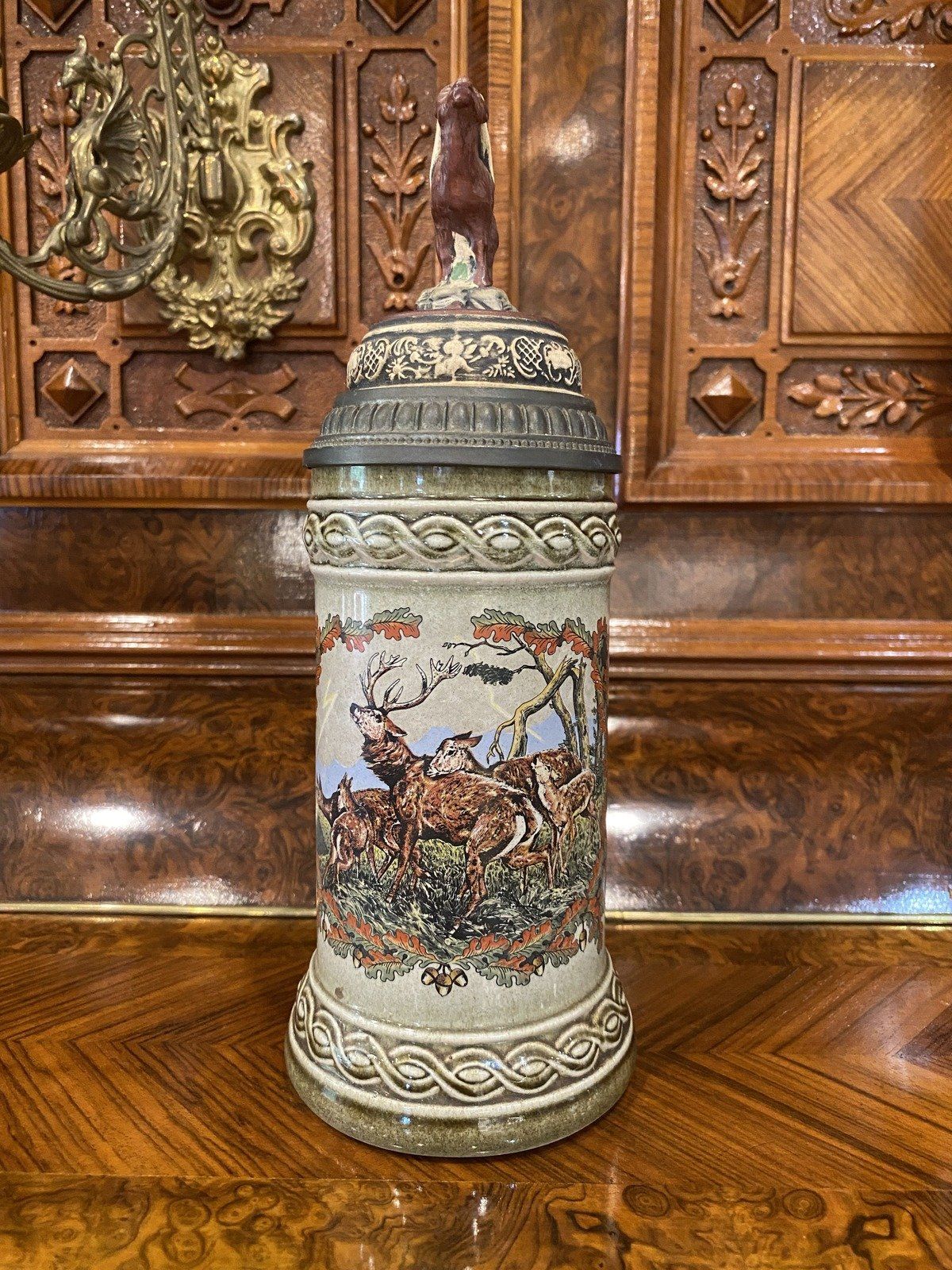 Gerz German Printed Hunter's Motif Beer Stein w Ram Finial 3