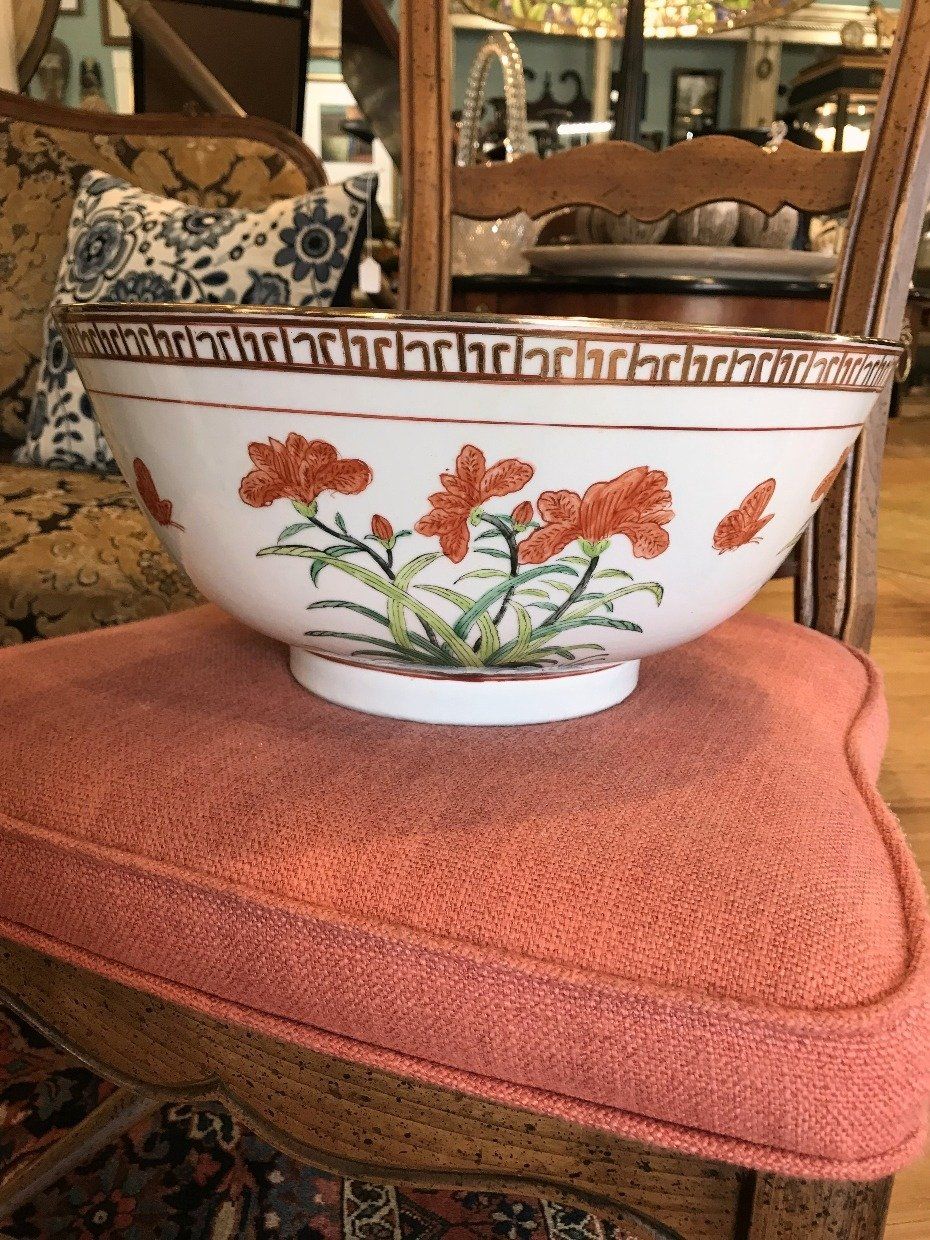 19th Century Porcelain Rice Bowl w Irises and Butterflies Motif