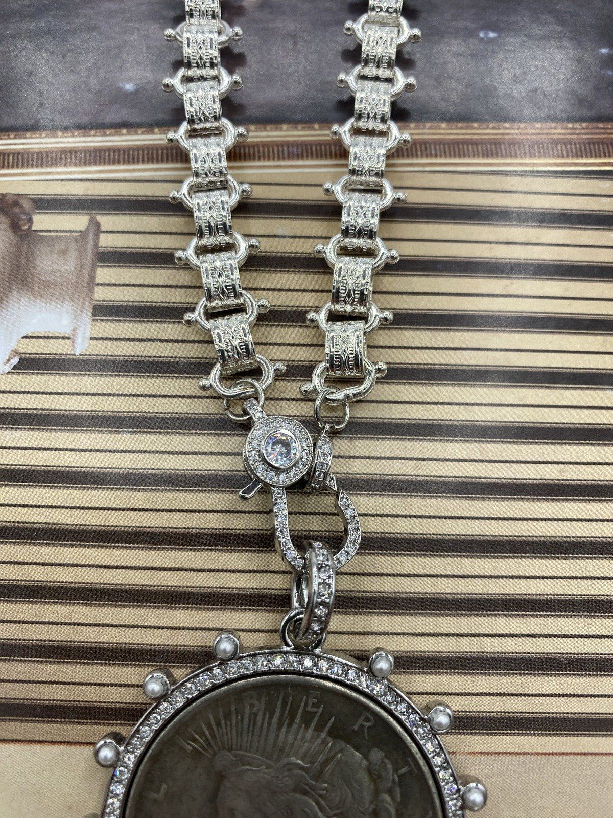 Laura Hackney c.1922 Silver Peace Dollar + CZ Bookchain Necklace 5