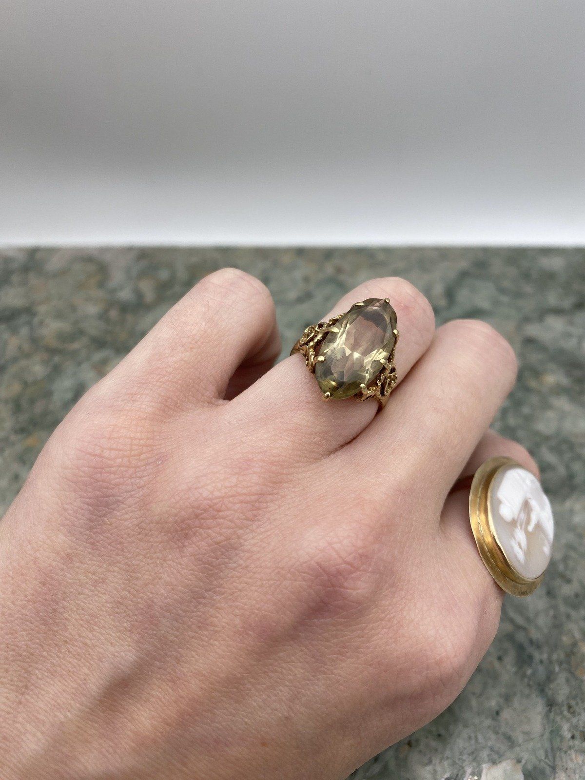Vintage 10k Gold Elongated Natural Citrine Rose Shouldered Ring #2705 6