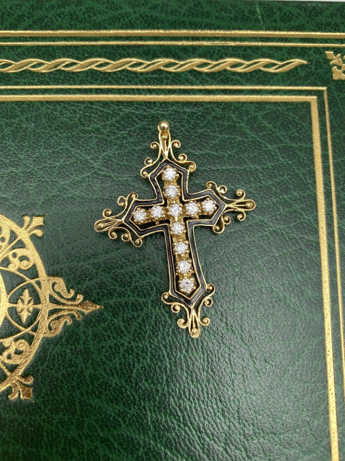 Vintage 14k Gold Black Enamel Detailed 1.1ctw Diamond 2 Ornate Cross Pendant #2669 6
