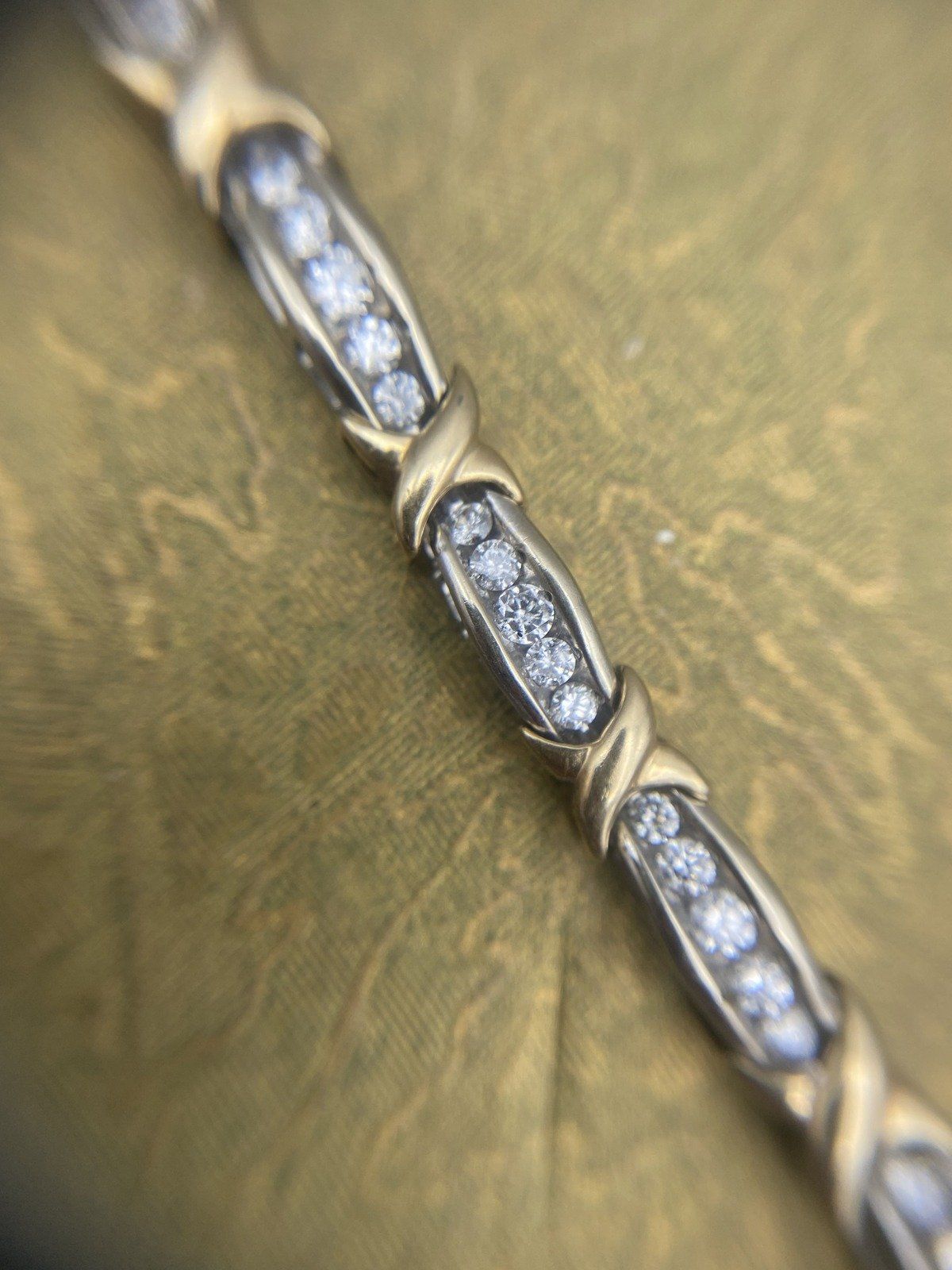 10k Dual Gold Channel Set Diamond Tennis Bracelet w Intersection Cross Link 6.5L #2580 3